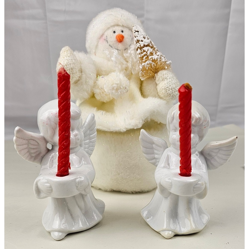 Vintage Russ Berrie Christmas Decor Plush Snowman Angels Candle‎ Holders Set